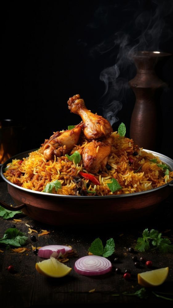 indian chicken biryani food plate meat.