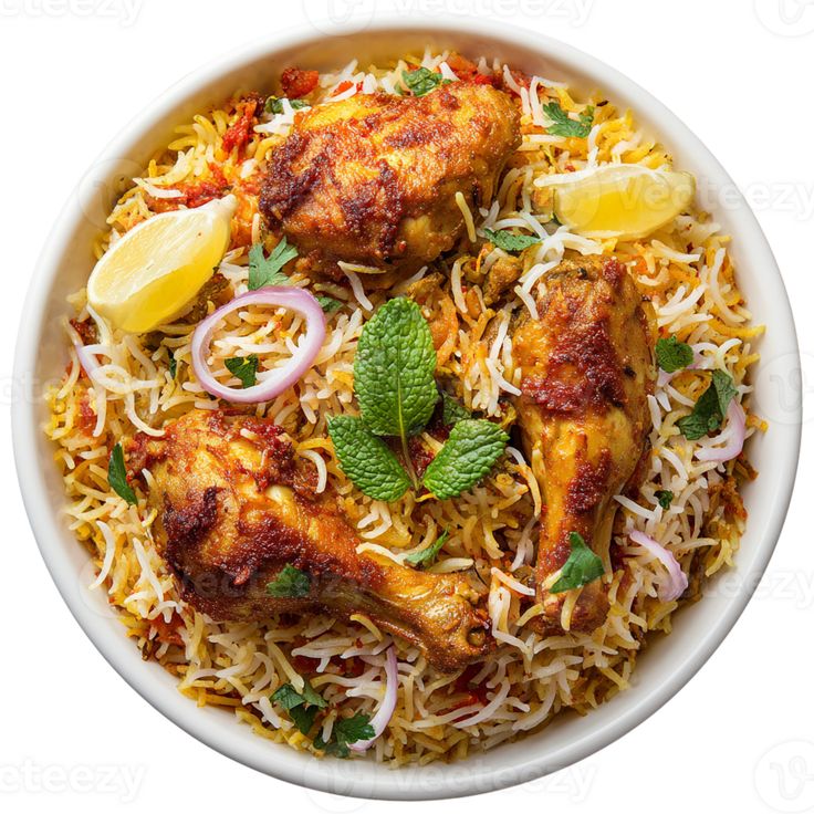 delicious chicken biryani in bowl, mouthwatering indian food on transparent background